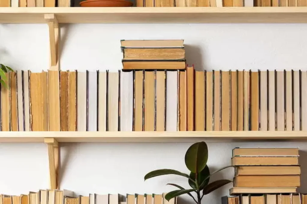 Um armário com livros.