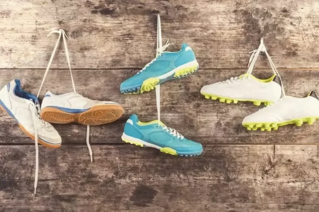 Um par de tênis pendurado por um cordão.