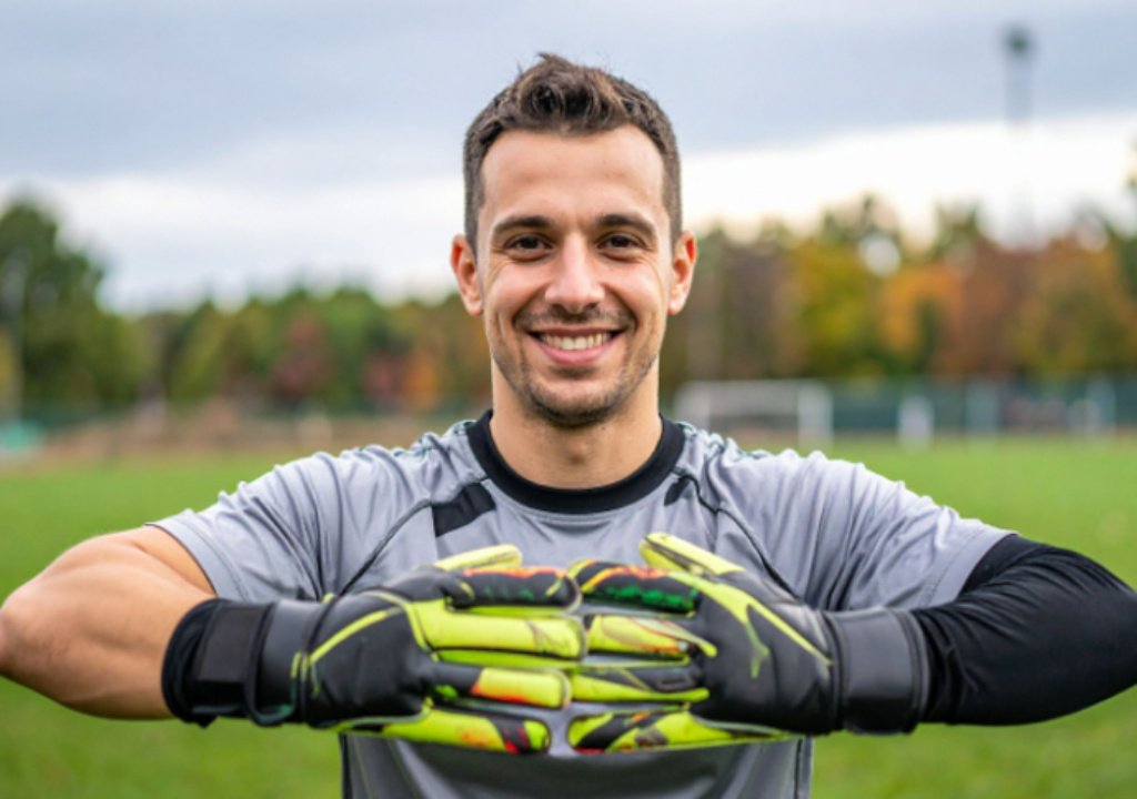 homem com luva de goleiro